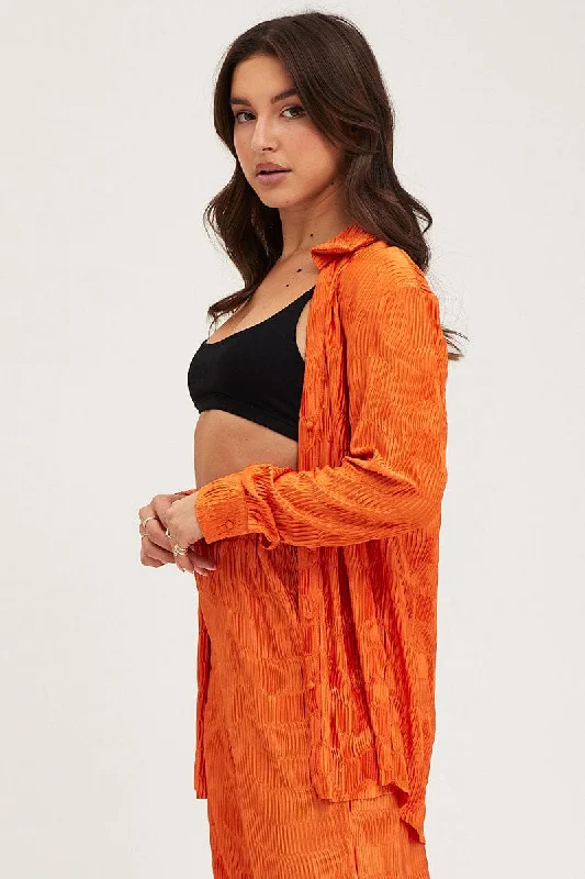 Orange Plisse Shirts Long Sleeve