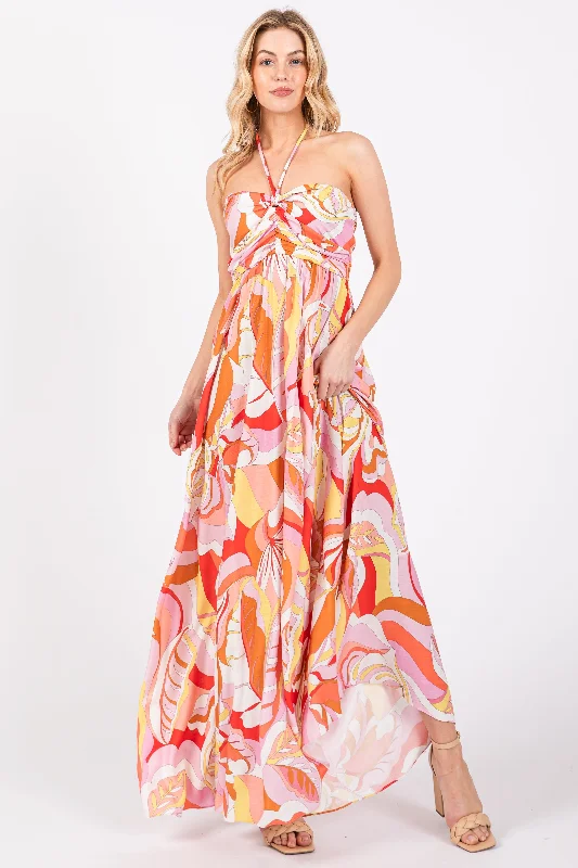 Pink Abstract Print Halter Maxi Dress