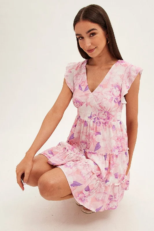 Pink Floral Fit And Flare Dress Sleeveless V-Neck