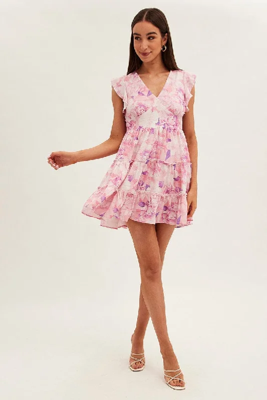 Pink Floral Fit And Flare Dress Sleeveless V-Neck