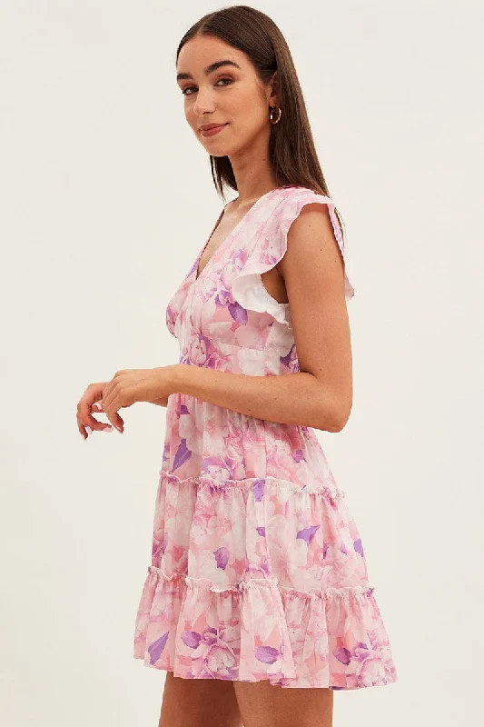 Pink Floral Fit And Flare Dress Sleeveless V-Neck