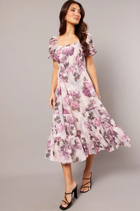 Pink Floral Maxi Dress Puff Sleeve