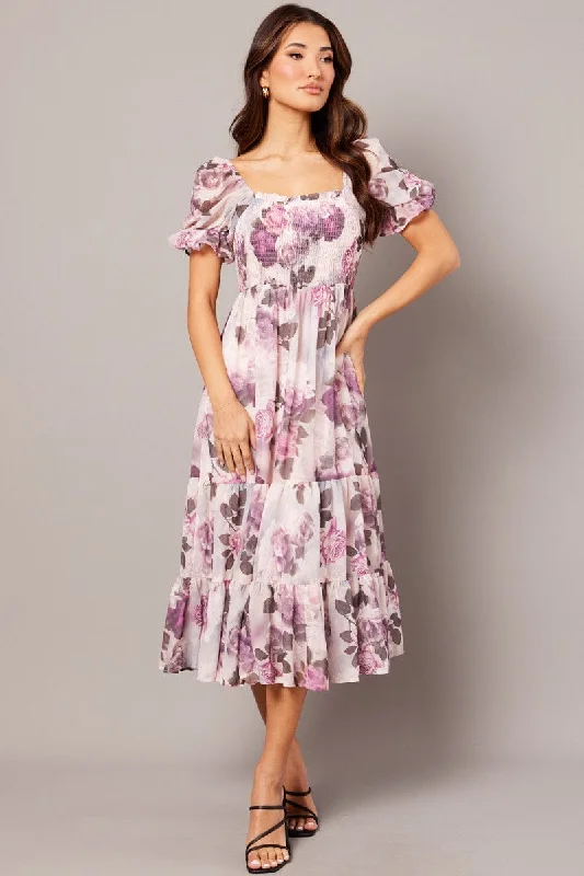 Pink Floral Maxi Dress Puff Sleeve