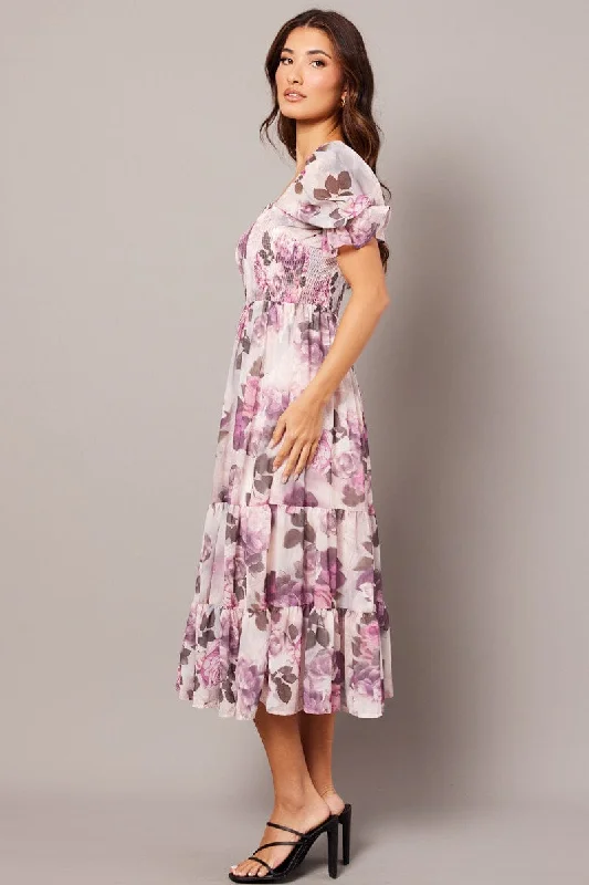 Pink Floral Maxi Dress Puff Sleeve