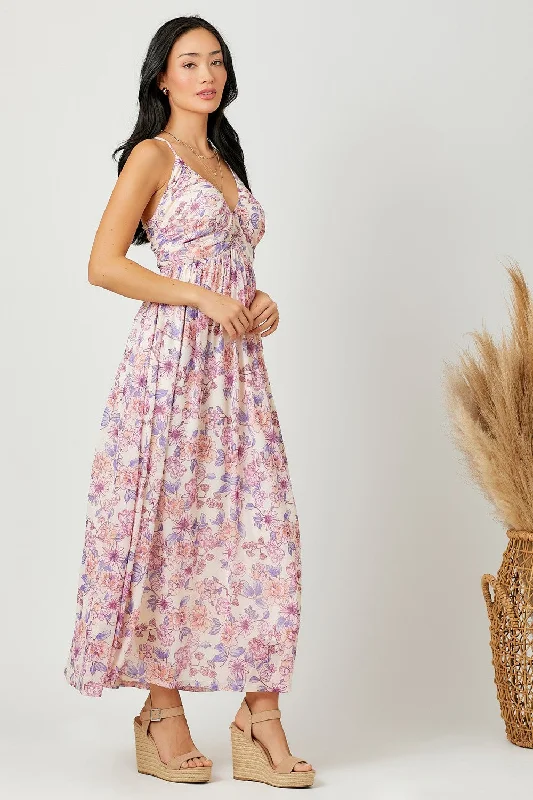 Pink Floral Mesh Sleeveless Maxi Dress