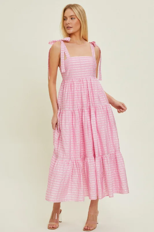 Pink Gingham Shoulder Tie Dress