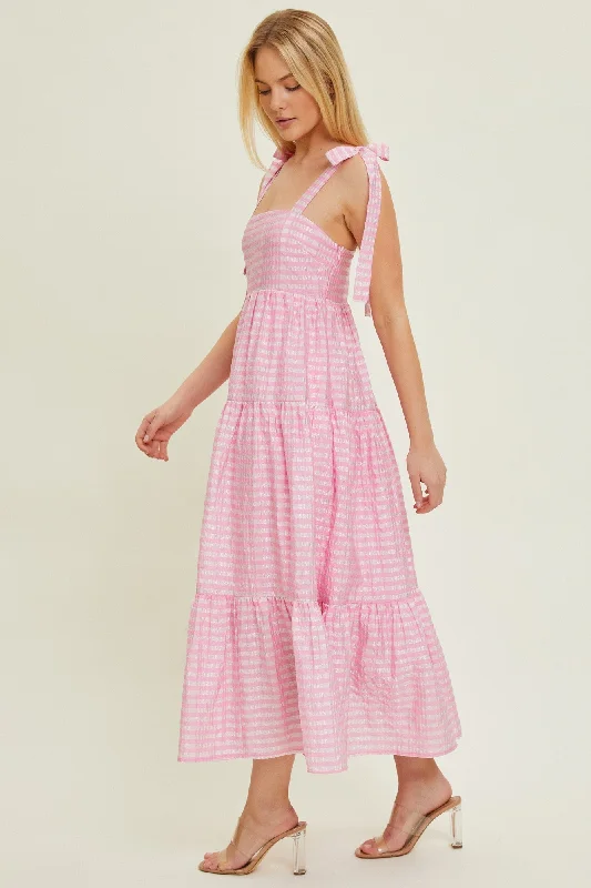 Pink Gingham Shoulder Tie Dress