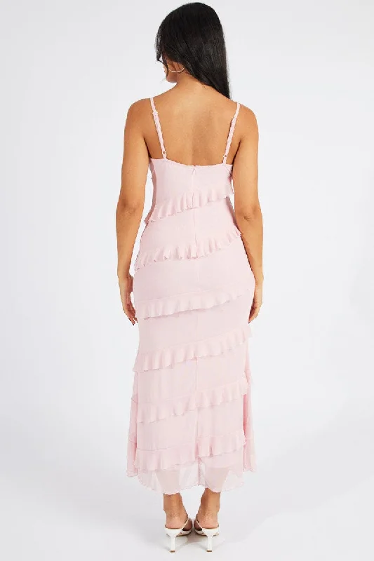 Pink Maxi Dress Sleeveless Sweetheart Frill Mesh