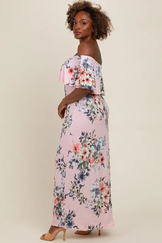 Pink Off Shoulder Floral Ruffle Maxi Dress