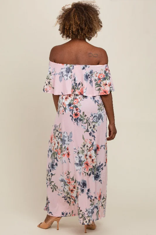 Pink Off Shoulder Floral Ruffle Maxi Dress