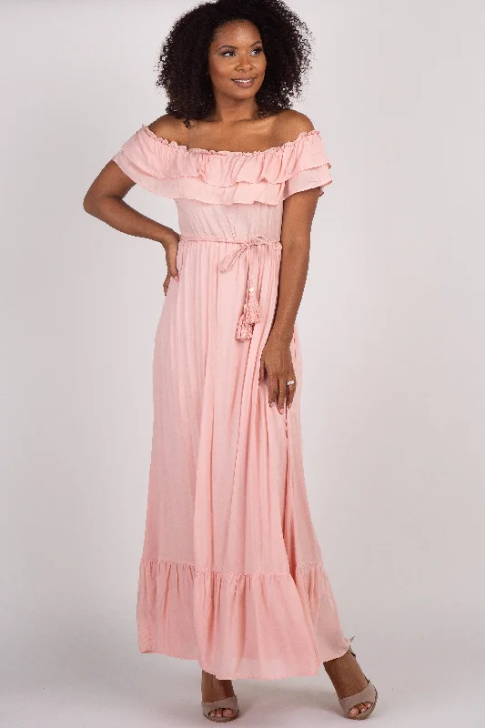 Pink Off Shoulder Tassel Tie Maxi Dress