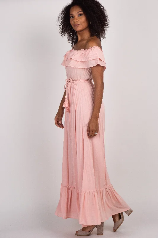 Pink Off Shoulder Tassel Tie Maxi Dress