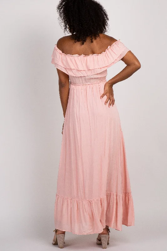 Pink Off Shoulder Tassel Tie Maxi Dress