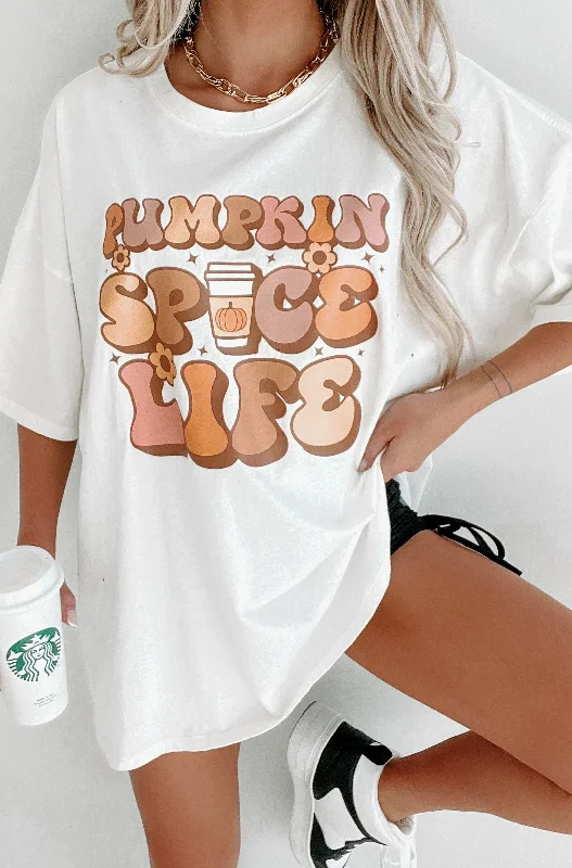 ""Pumpkin Spice Life"" Oversized Distressed Graphic T-Shirt (Off White) - Print On Demand