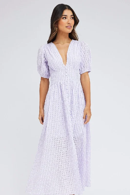 Purple Check Midi Dress Puff Sleeve