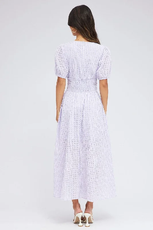 Purple Check Midi Dress Puff Sleeve