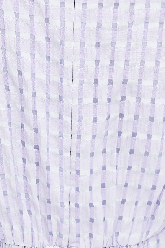 Purple Check Midi Dress Puff Sleeve