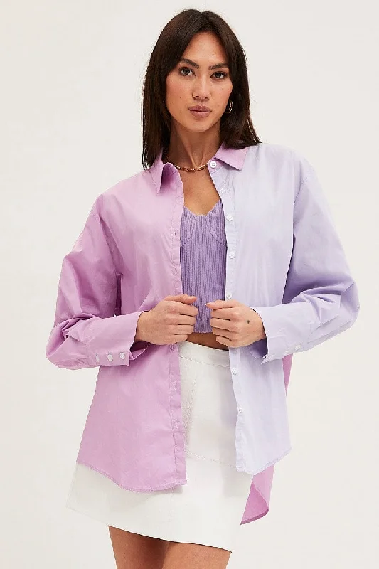 Purple Oversized Shirts Long Sleeve Collared