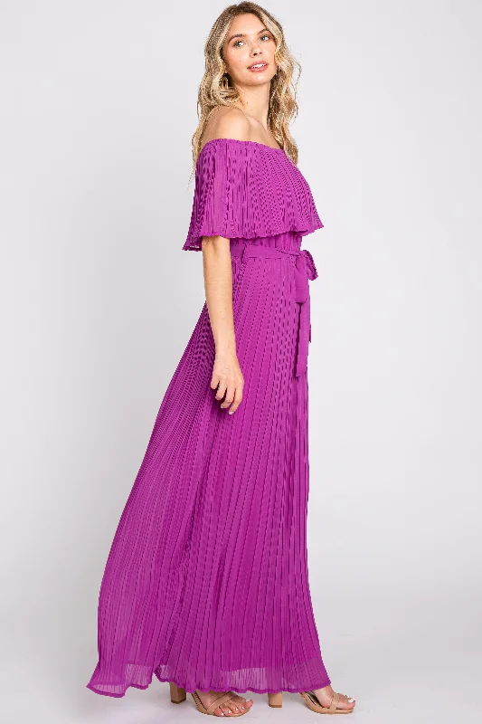 Purple Pleated Off Shoulder Maxi Dress