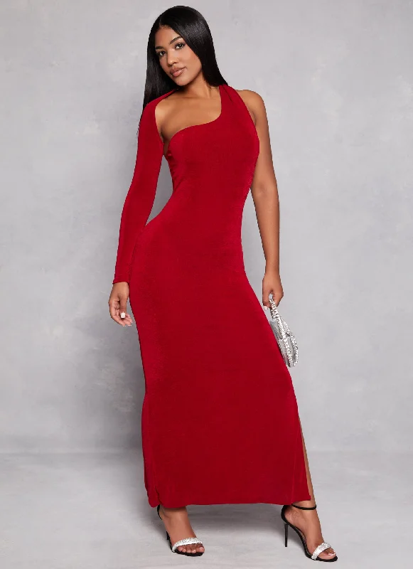 Asymmetrical Long Sleeve One Shoulder Maxi Dress