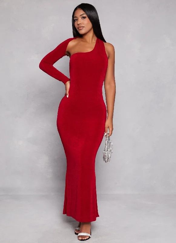 Asymmetrical Long Sleeve One Shoulder Maxi Dress