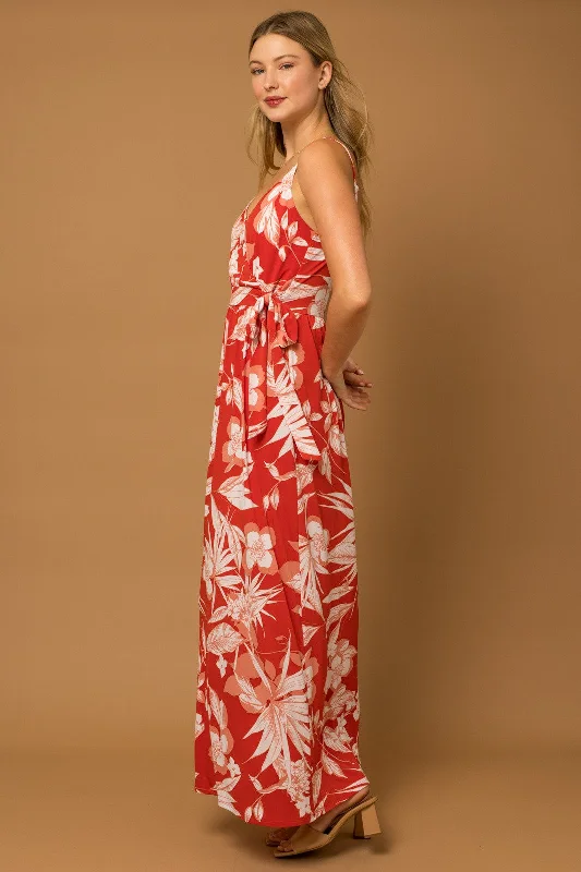 Red Floral Palm Print Wrap Maxi Dress