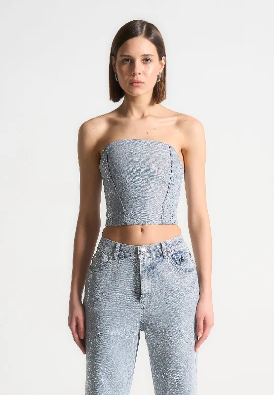 Rhinestone Eiffel Denim Bandeau Corset Top - Mid Blue