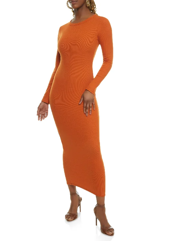 Ribbed Crew Neck Long Sleeve Maxi Dress