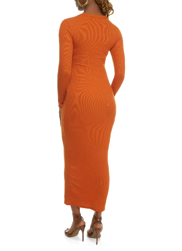 Ribbed Crew Neck Long Sleeve Maxi Dress