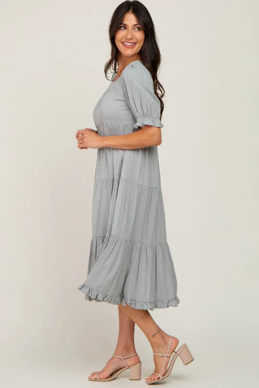 Sage Tiered Ruffle Hem Midi Dress