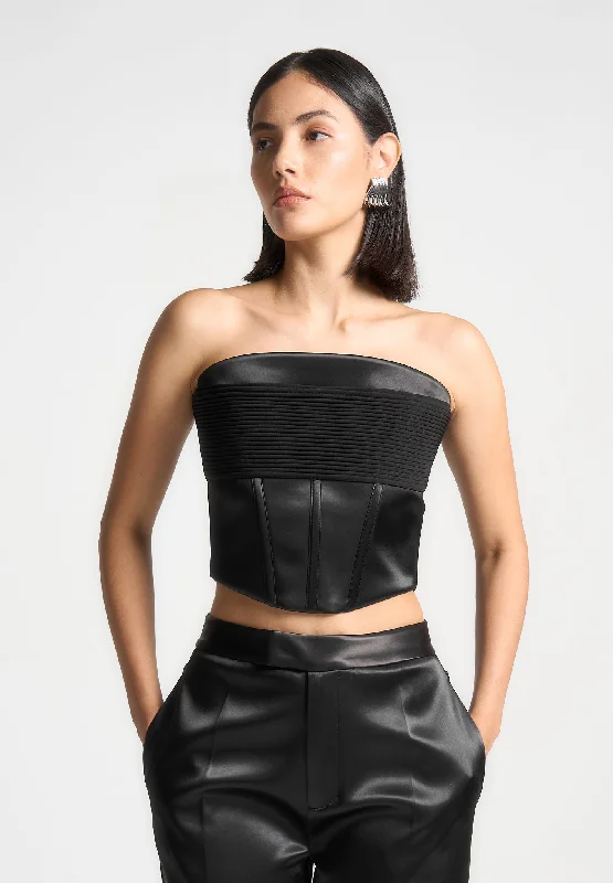 Satin Pintuck Bandeau Corset Top - Black