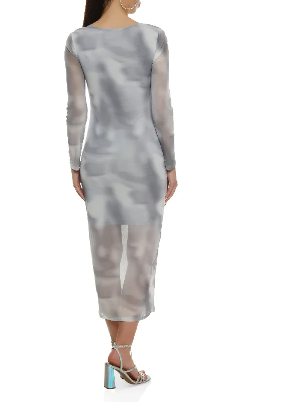 Mesh Printed Long Sleeve Maxi Dress