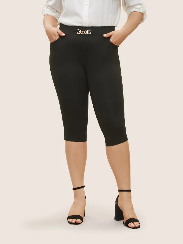 Solid Metal Chain Detail Pocket High Rise Leggings