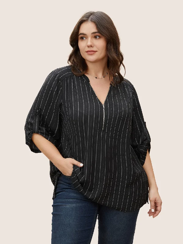 Striped Half Zip Tab Sleeve Blouse