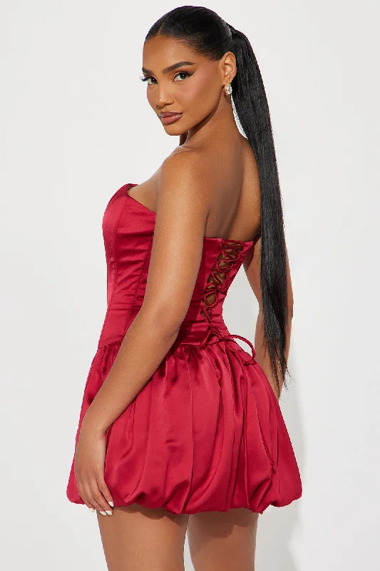 Sweet Like A Cherry Bubble Satin Mini Dress - Wine