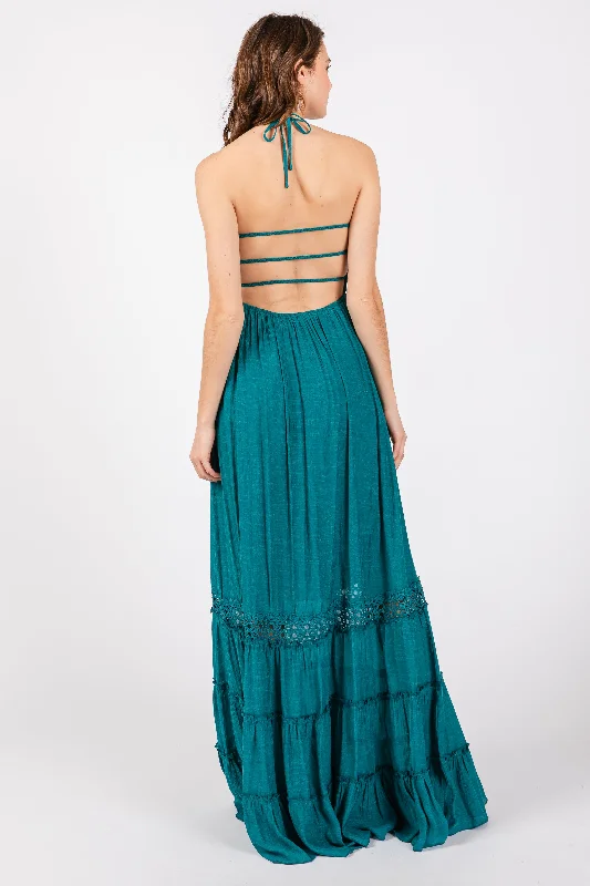 Teal Smocked Open Back Maxi Dress