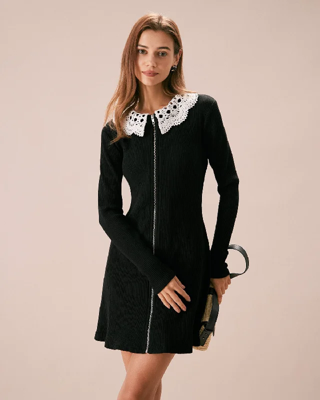 The Black Lace Collar Ribbed Mini Dress