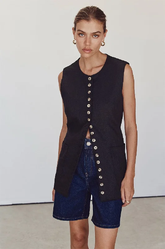 TILLY BLACK LINEN LONGLINE VEST