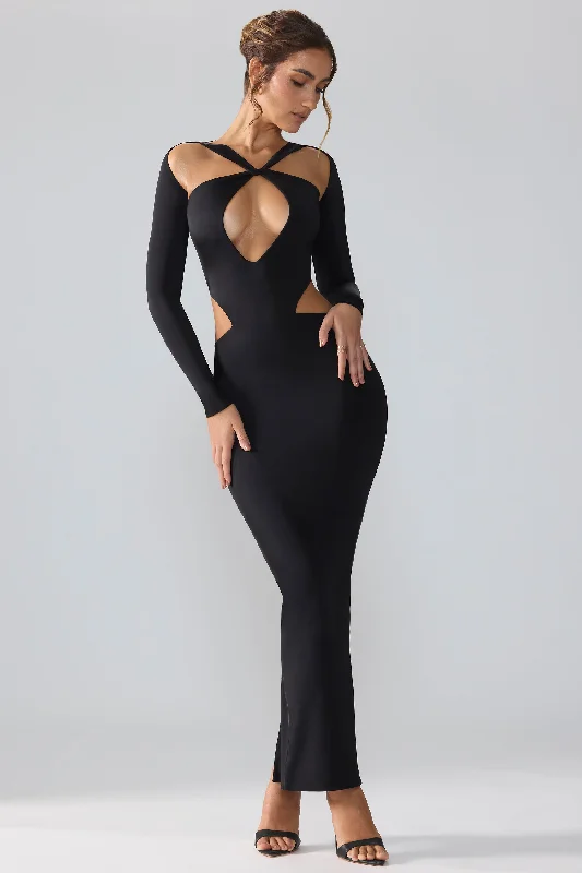 Premium Jersey Long Sleeve Cut Out Maxi Dress in Black