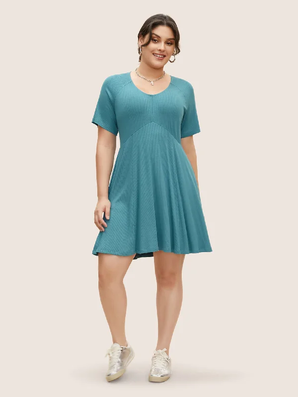 U Neck Solid Raglan Sleeve Dress