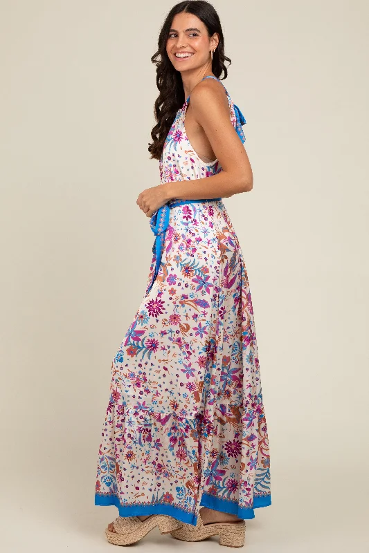 Violet Floral Halter Front Tie Maxi Dress