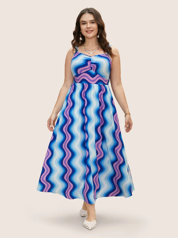 Wavy Striped Print Ruched Shirred Dress