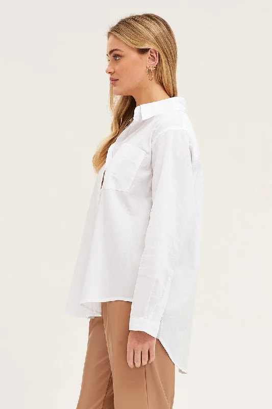 White Cotton Poplin Long Sleeve Button Up Shirt