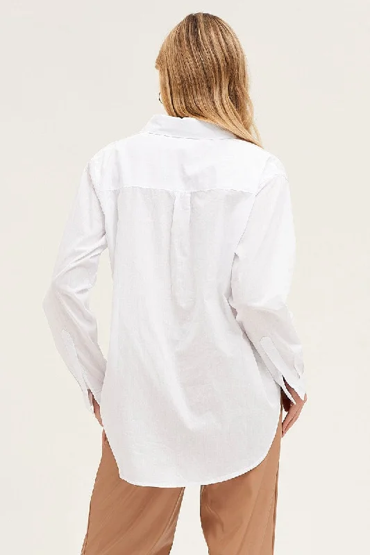 White Cotton Poplin Long Sleeve Button Up Shirt