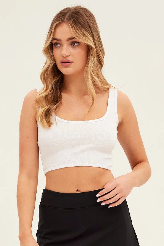 White Crop Tank Top Scoop Neck