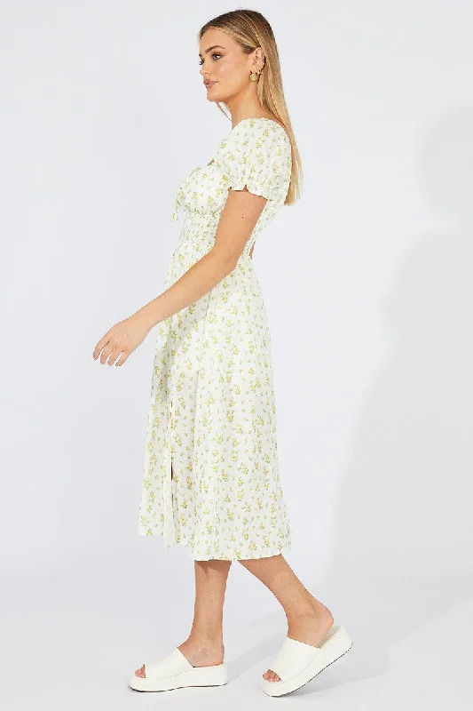 White Ditsy Midi Dress Short Sleeve Shirred Waist