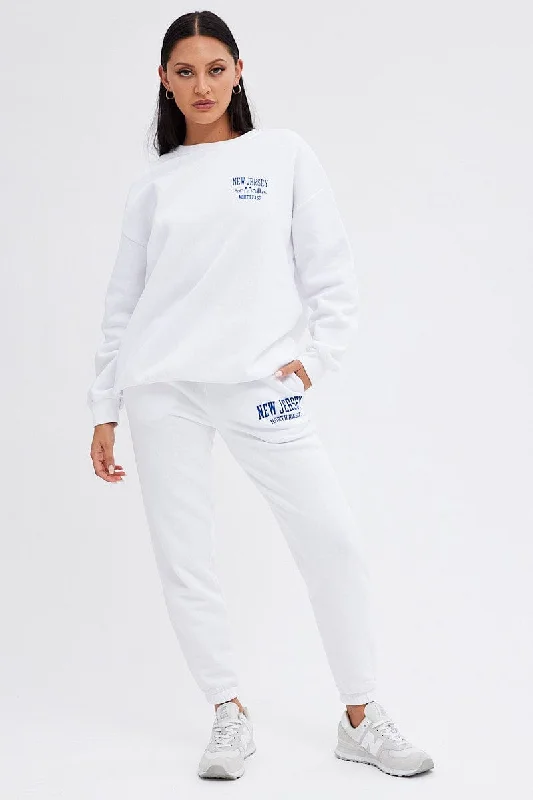 White Graphic Sweater Long Sleeve Slightly Stretch