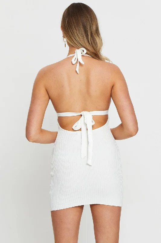 White Knit Dress Halter Neck