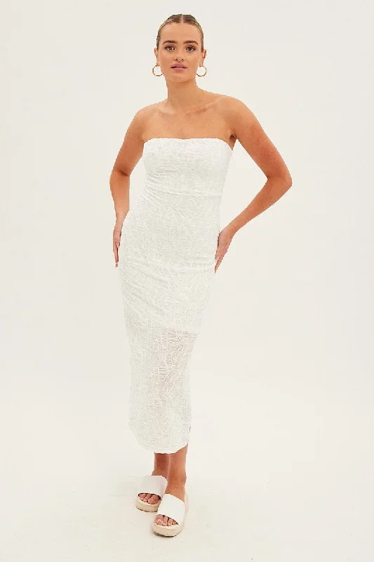 White Midi Dress Strapless Textured