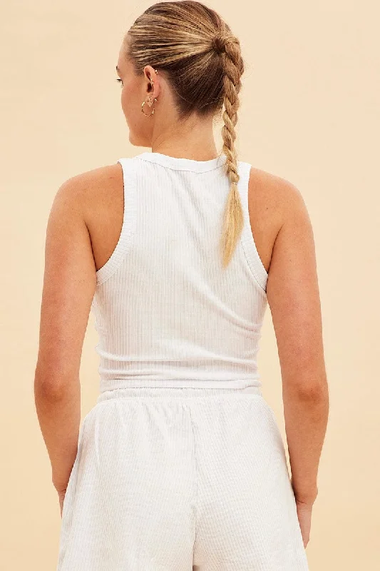 White Prea Scoop Neck Crop Rib Sleeveless Tank